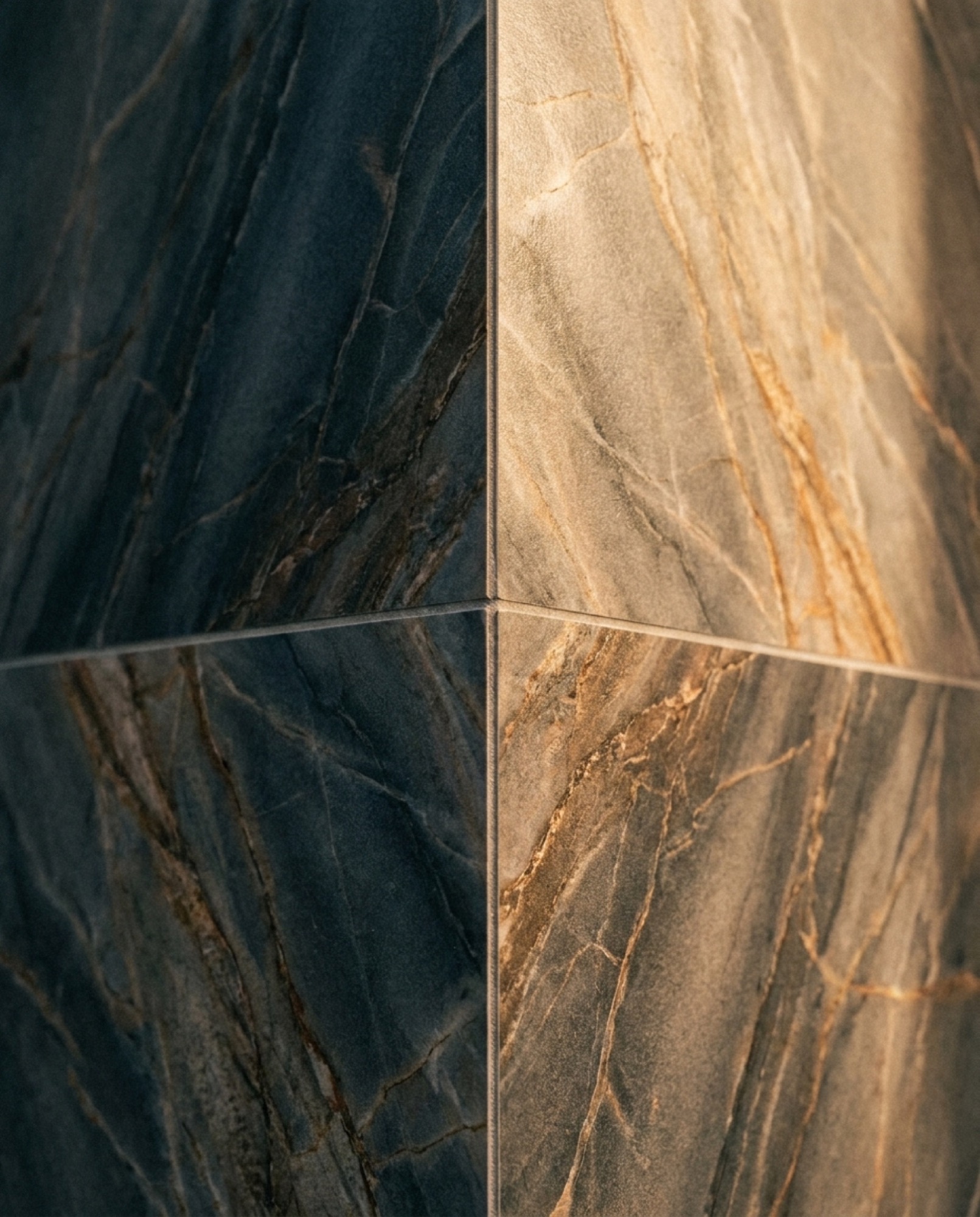 Two large stone-look tiles meeting at an internal corner, one dark and one warm