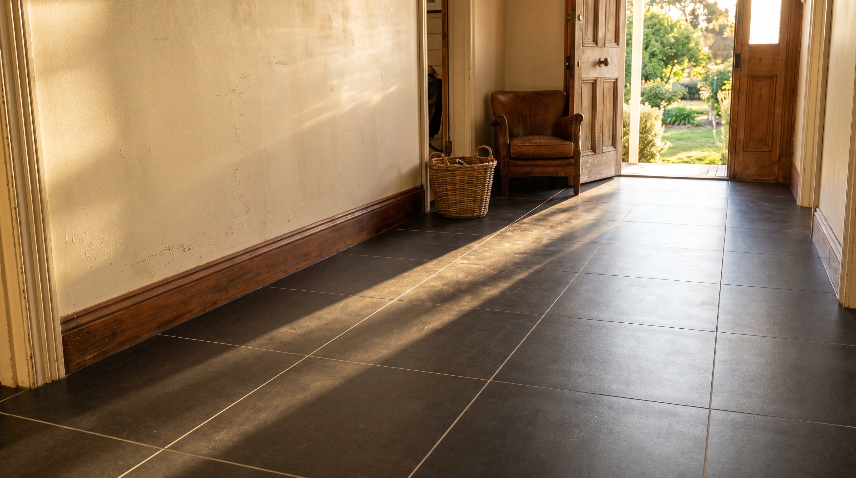 A hallway laid with large-format charcoal floor tiles, with afternoon light through an open front door