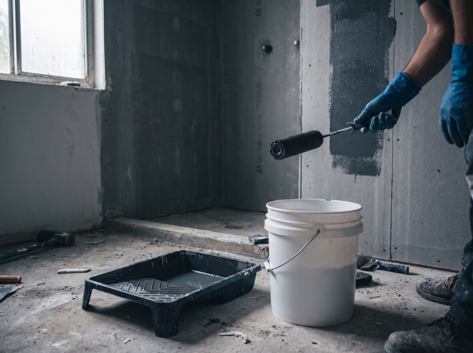 A gloved hand rolling waterproofing membrane onto a stripped-back shower wall