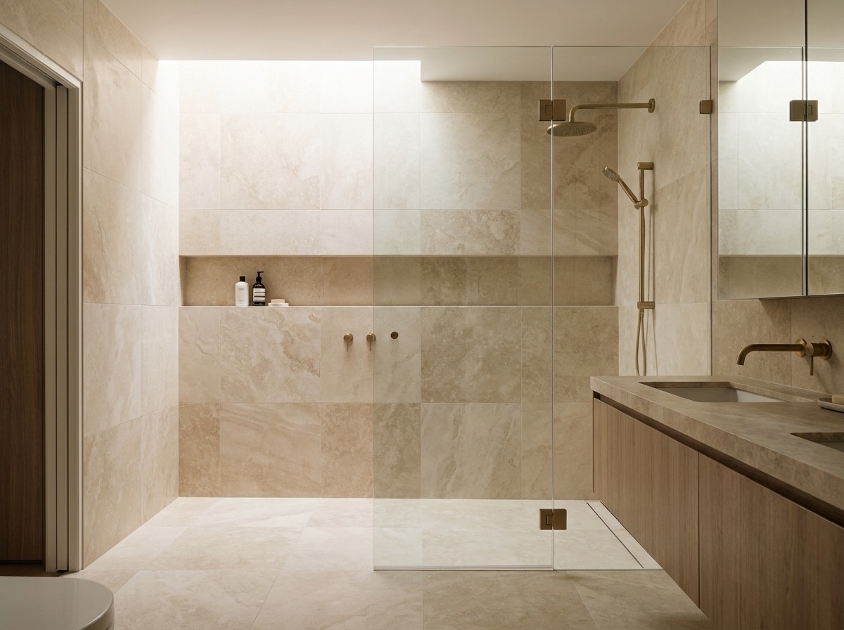 A bathroom tiled floor to ceiling in warm stone-look tiles with a frameless shower screen