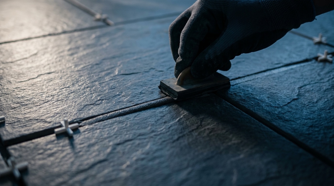A gloved hand pressing a grout float along the joint between two dark slate tiles