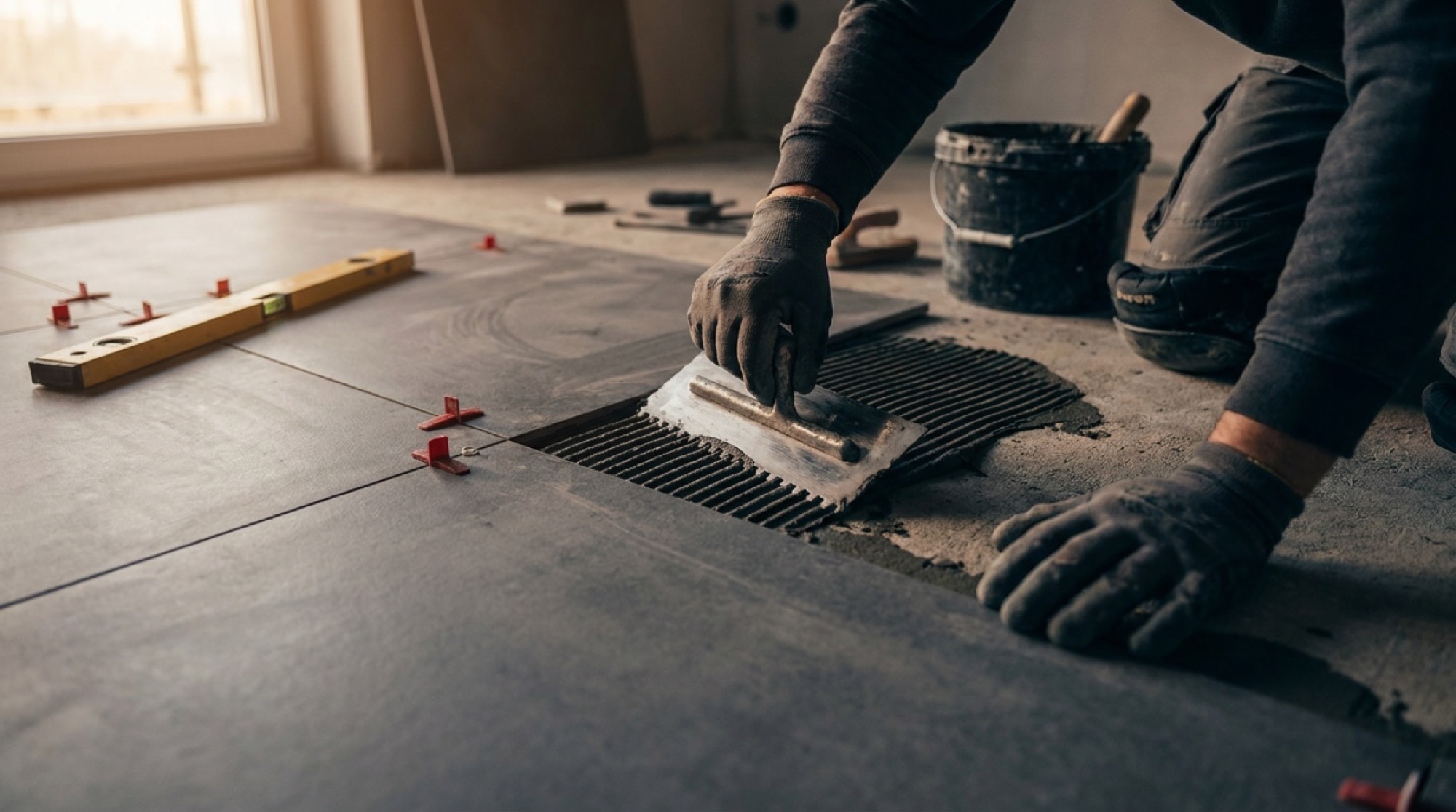 A gloved hand combing tile adhesive across a floor beside levelling clips and a spirit level