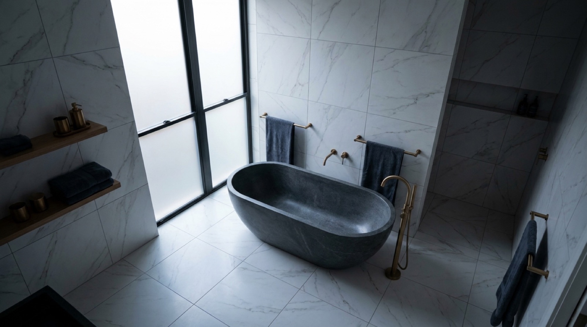A marble tiled bathroom with a stone bath set beneath a tall frosted window