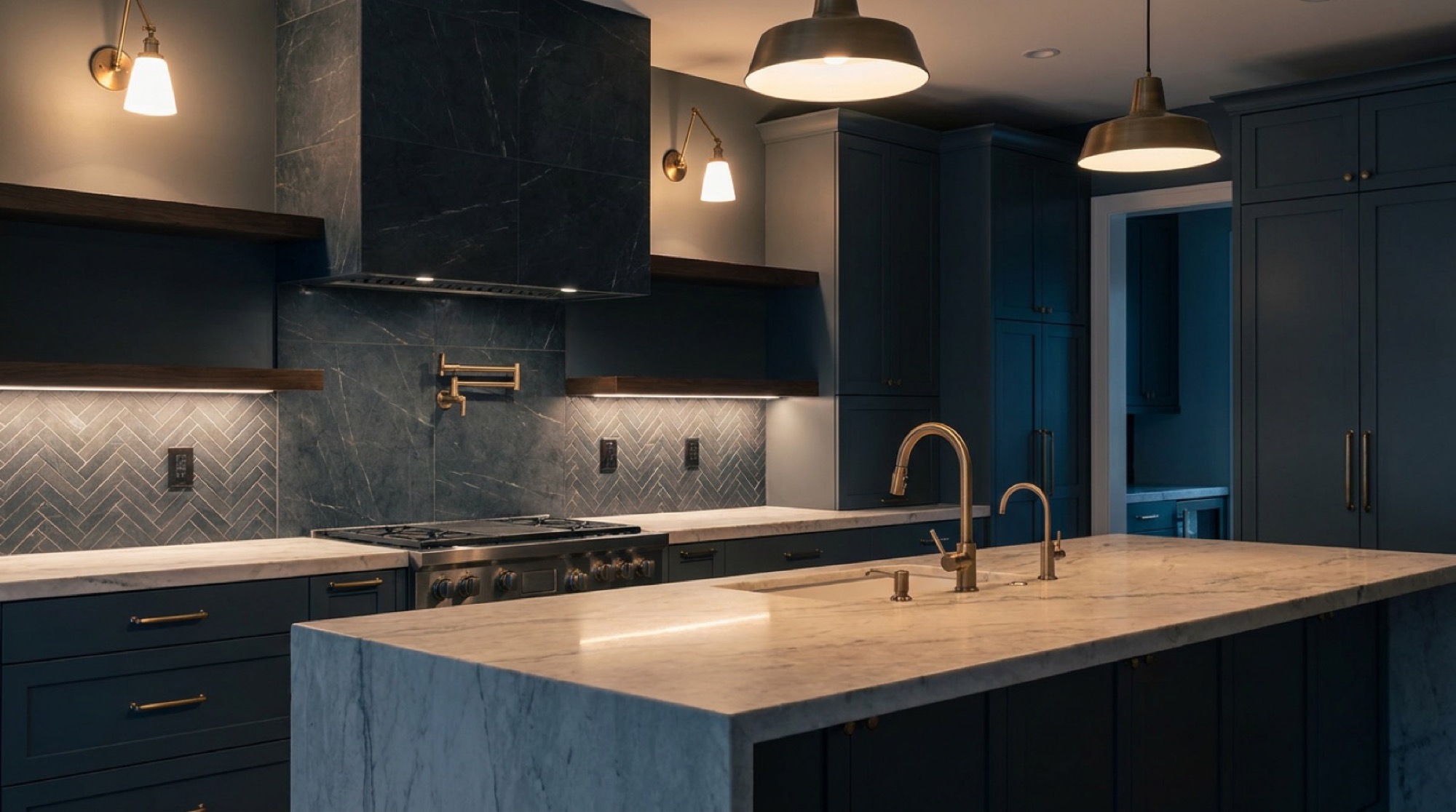 A kitchen with a herringbone tiled splashback, dark cabinetry and brass tapware