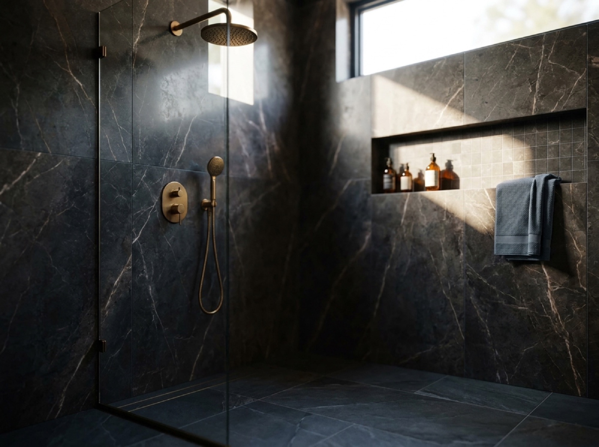 A shower lined floor to ceiling in dark stone-look tiles with a brass rail