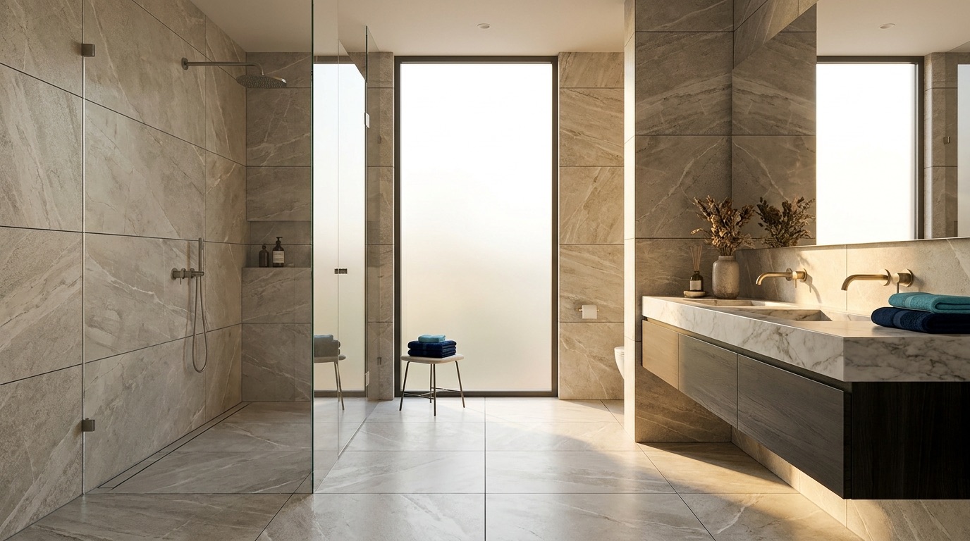 A bathroom lined in warm travertine-look tiles with a walk-in shower and twin basins