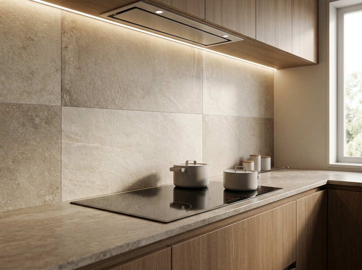 A stone-look tiled splashback running the length of a timber kitchen bench